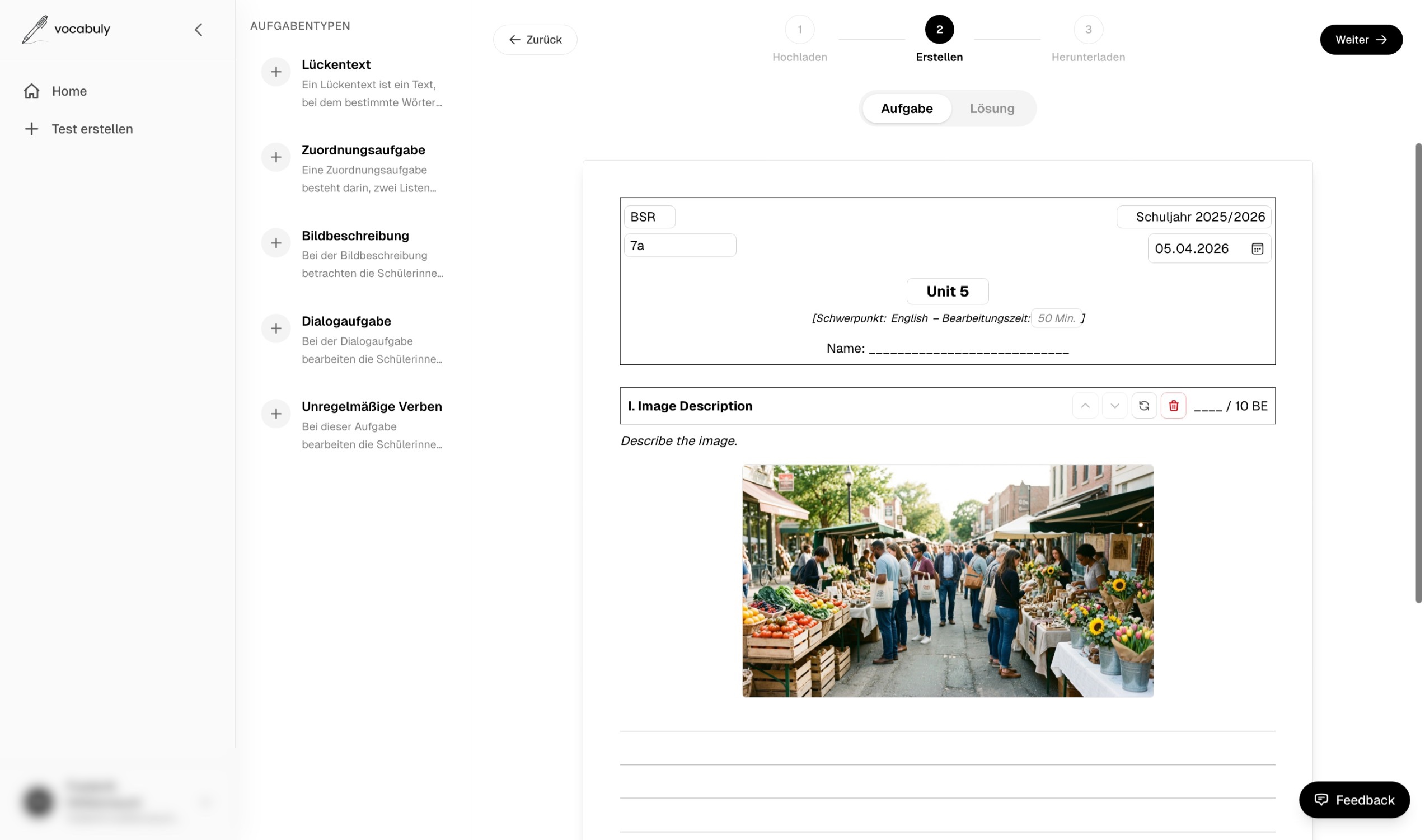 Vocabuly Ansicht zum Konfigurieren eines Vokabeltests mit Aufgaben und Einstellungen