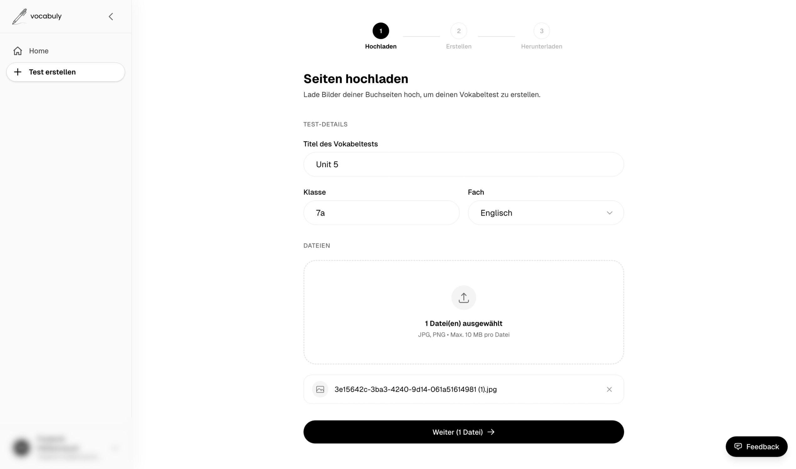 Vocabuly Upload-Ansicht zum Hochladen von Buchseiten für einen Vokabeltest