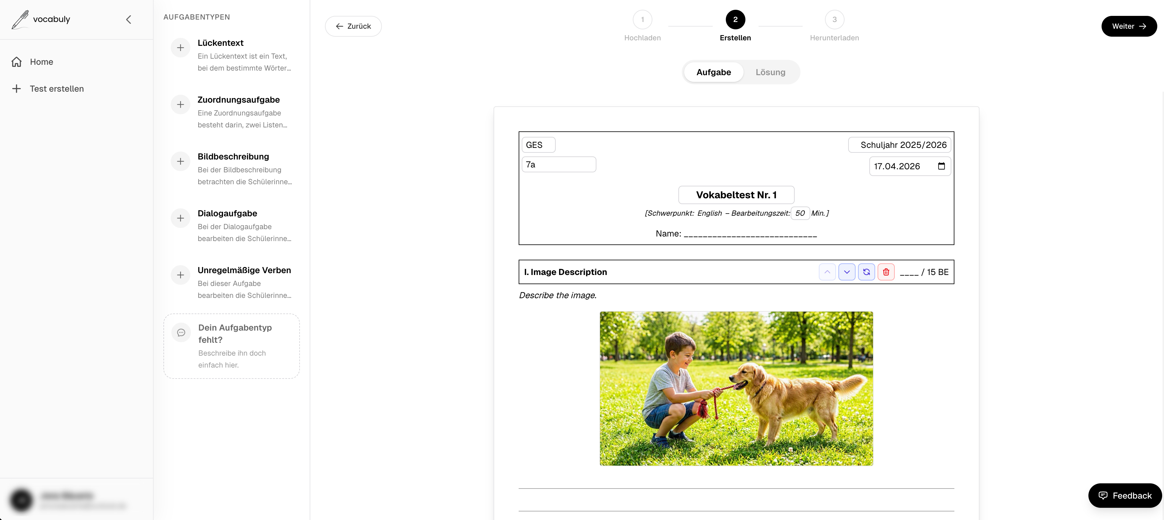 Überblick der fünf verfügbaren Aufgabentypen im vocabuly-Editor